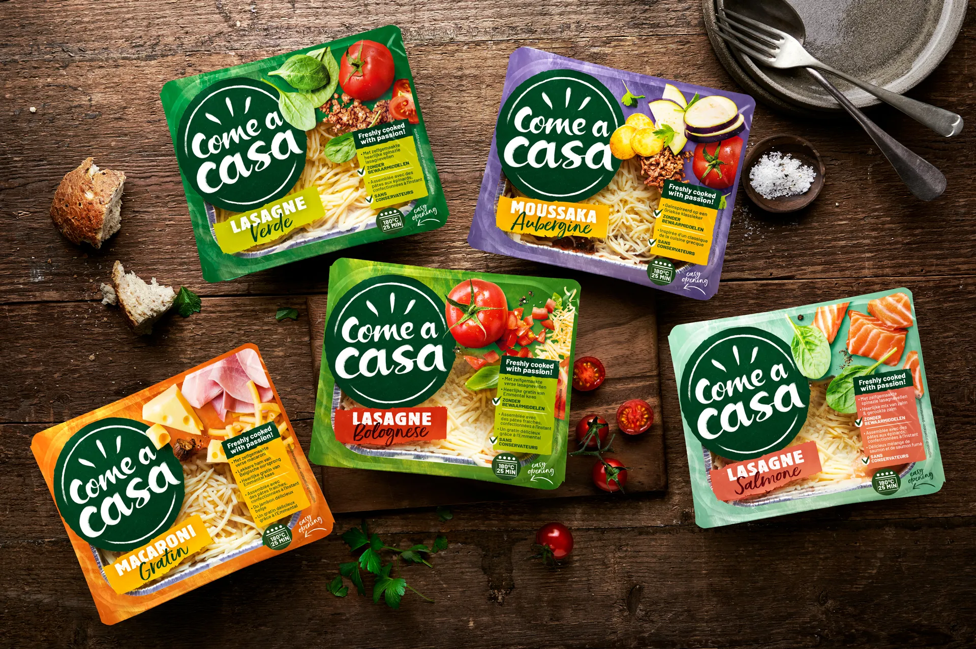 different packaging designs in different collors from come a casa