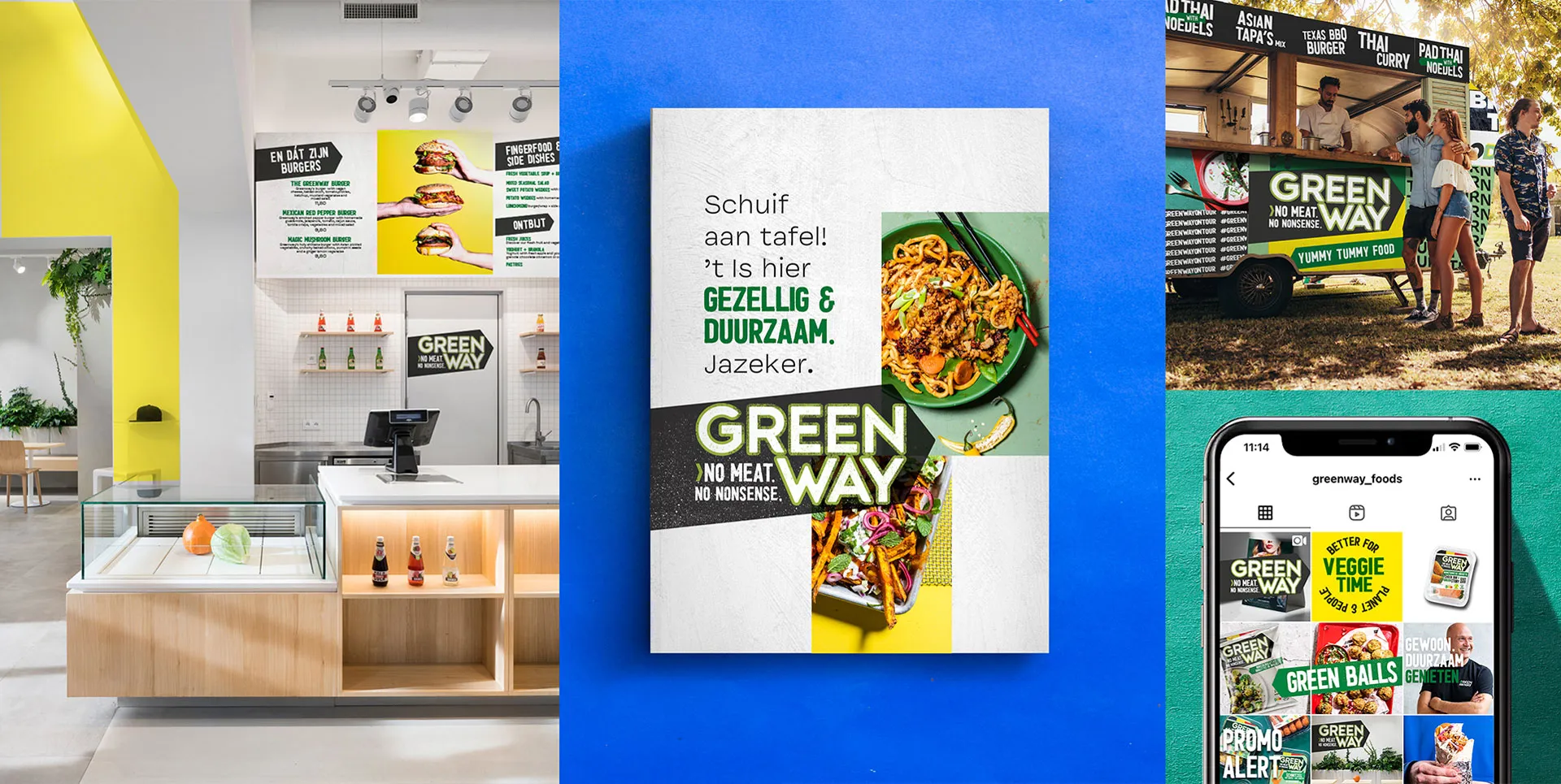 collage with new brand positioning for greenway. Foodtruck design,  store design, instagram feed design