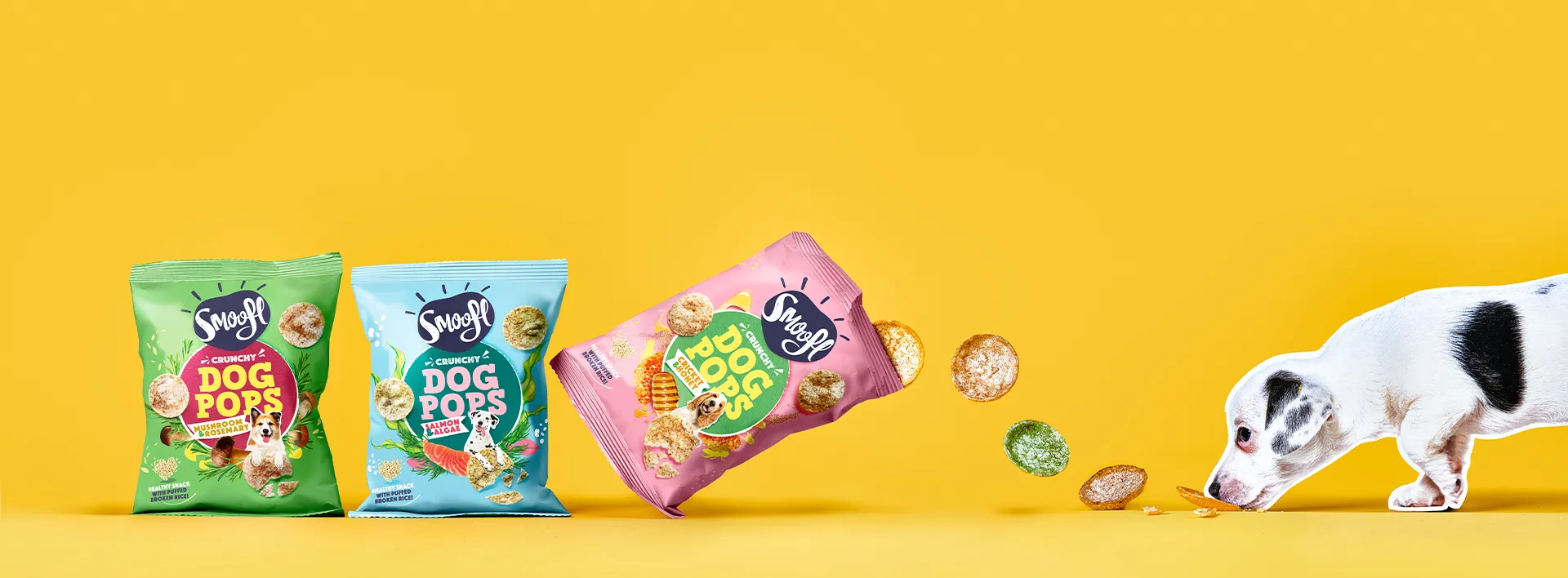 packaging design for smoofl dogpop with a dog eating