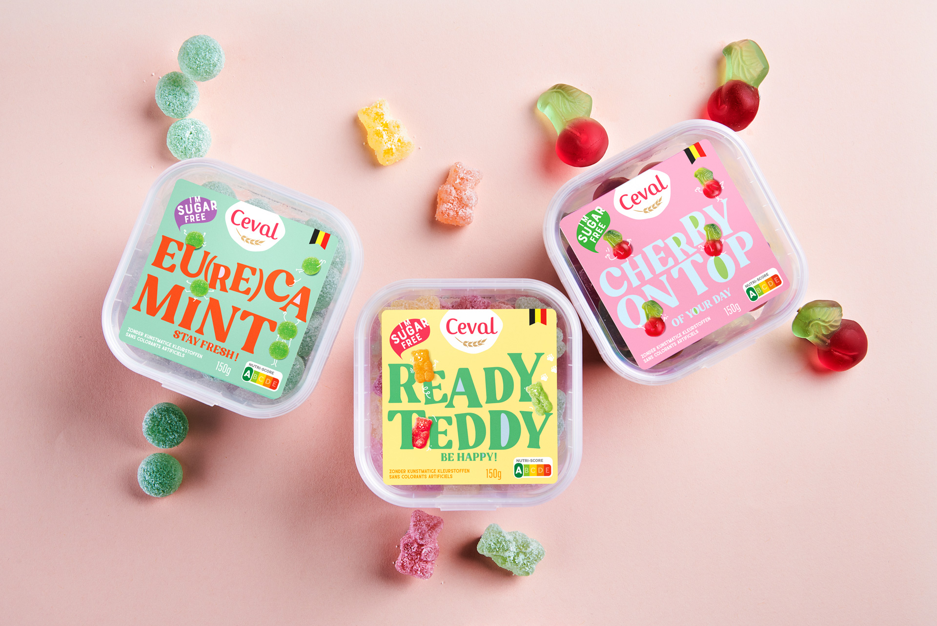 Three candy boxes in different colors, packaging design for Ceval
