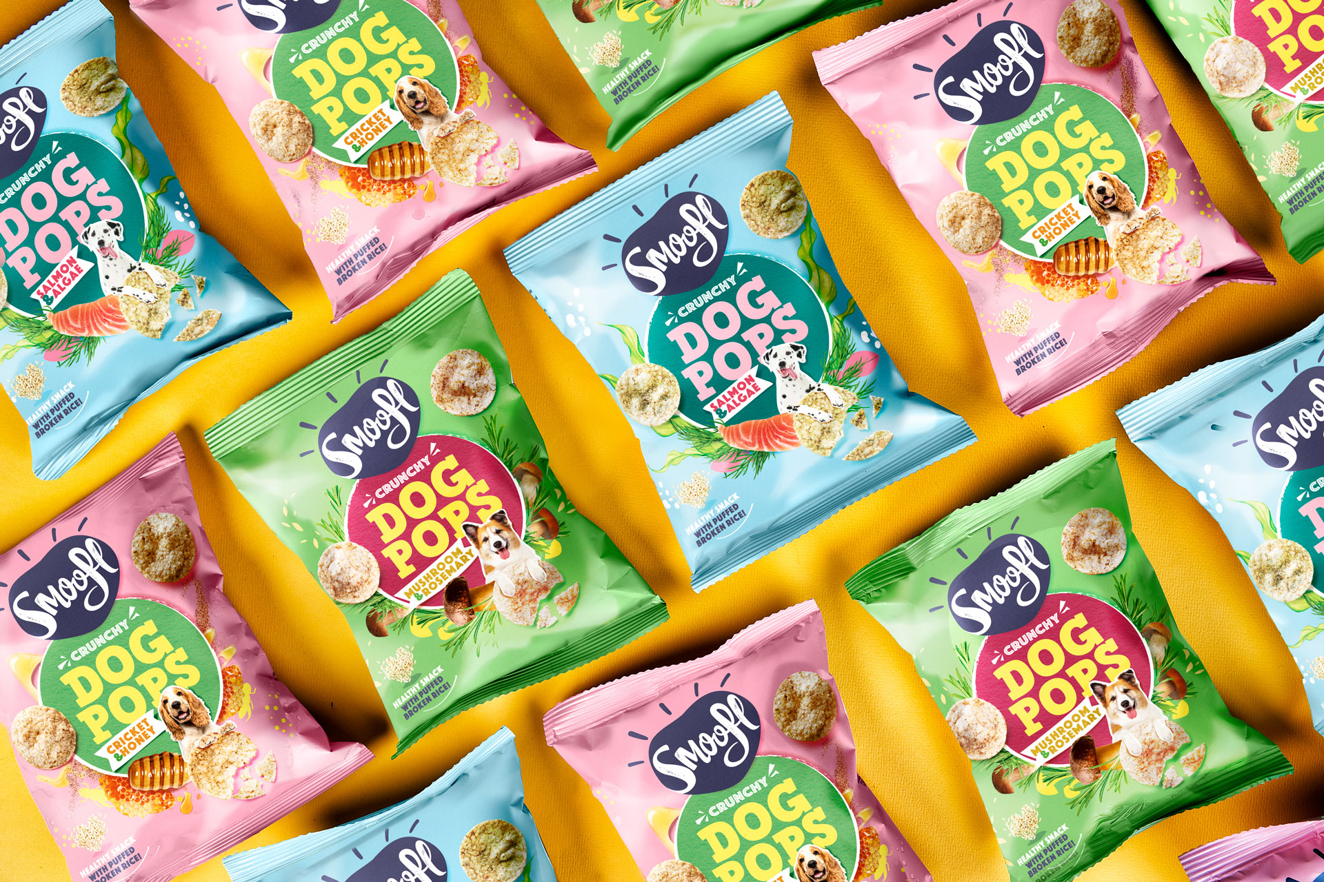 packaging design in blue, pink and green for dog pops- smoofl