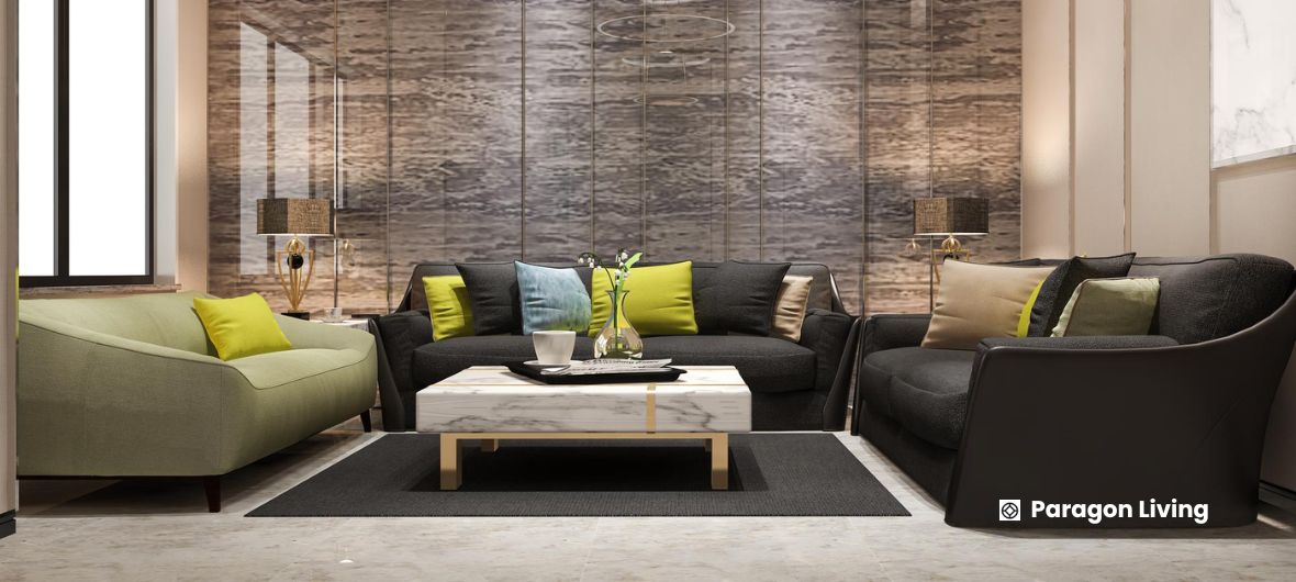 A contemporary living room showcasing black and green furniture, reflecting a stylish yet budget-friendly design.