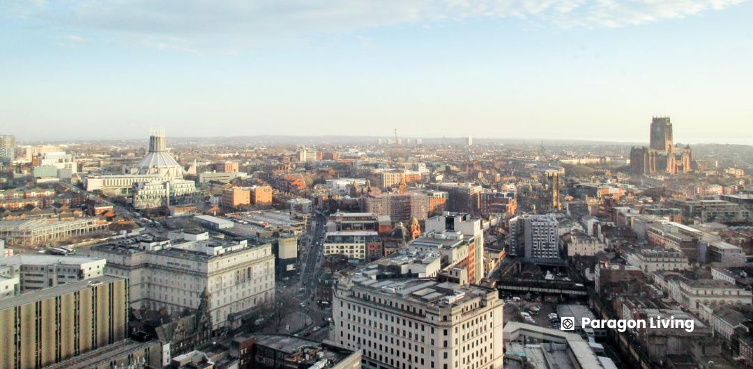 A panoramic view of Wolverhampton city skyline from a tall building, highlighting urban features and surrounding areas.