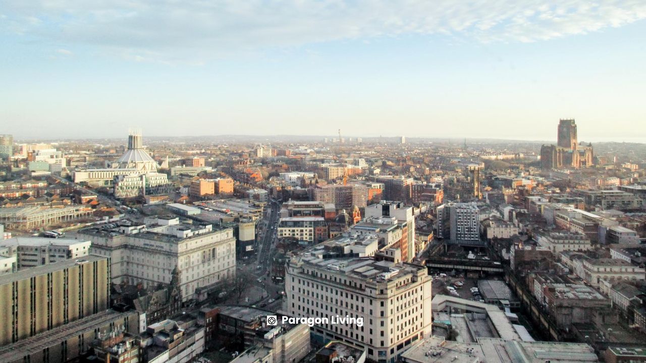 A panoramic view of Wolverhampton city skyline from a tall building, highlighting urban features and surrounding areas.