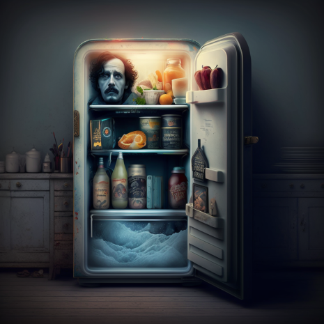 Un frigo avec une tête d'homme coupée à l'intérieur