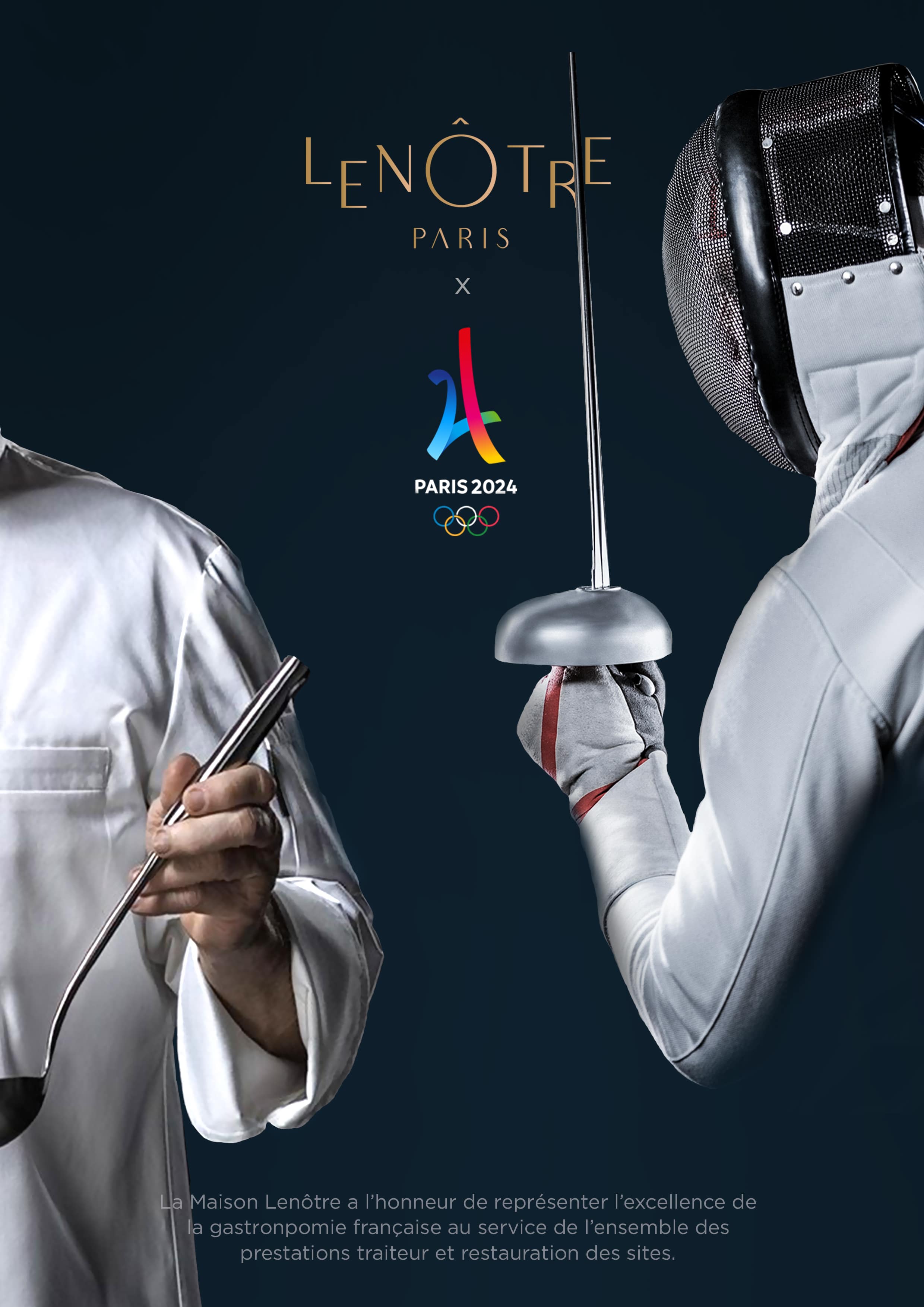 affiche du partenariat Le Nôtre x Paris 2024 avec un cuistot tenant une louche et un escrimeur avec son épée