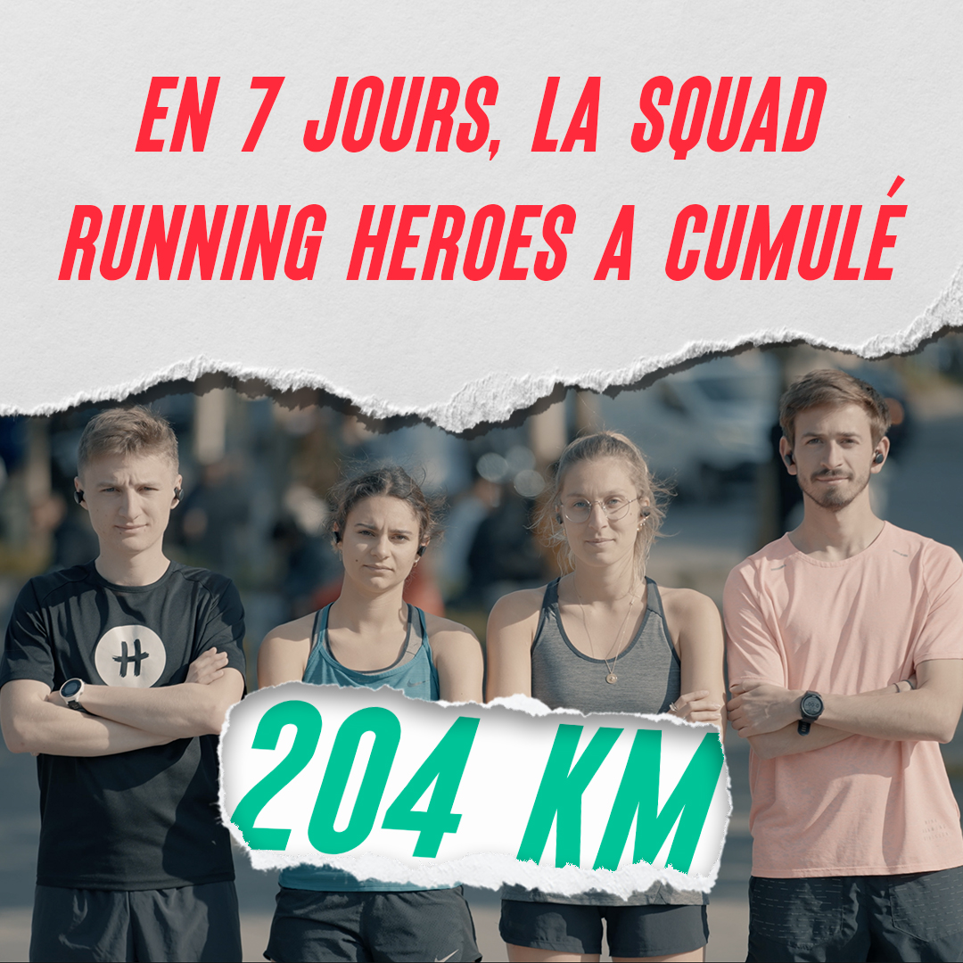 Photo des 4 coureurs de Sport Heroes mentionnant qu'ils ont couru 204km en 1 semaine