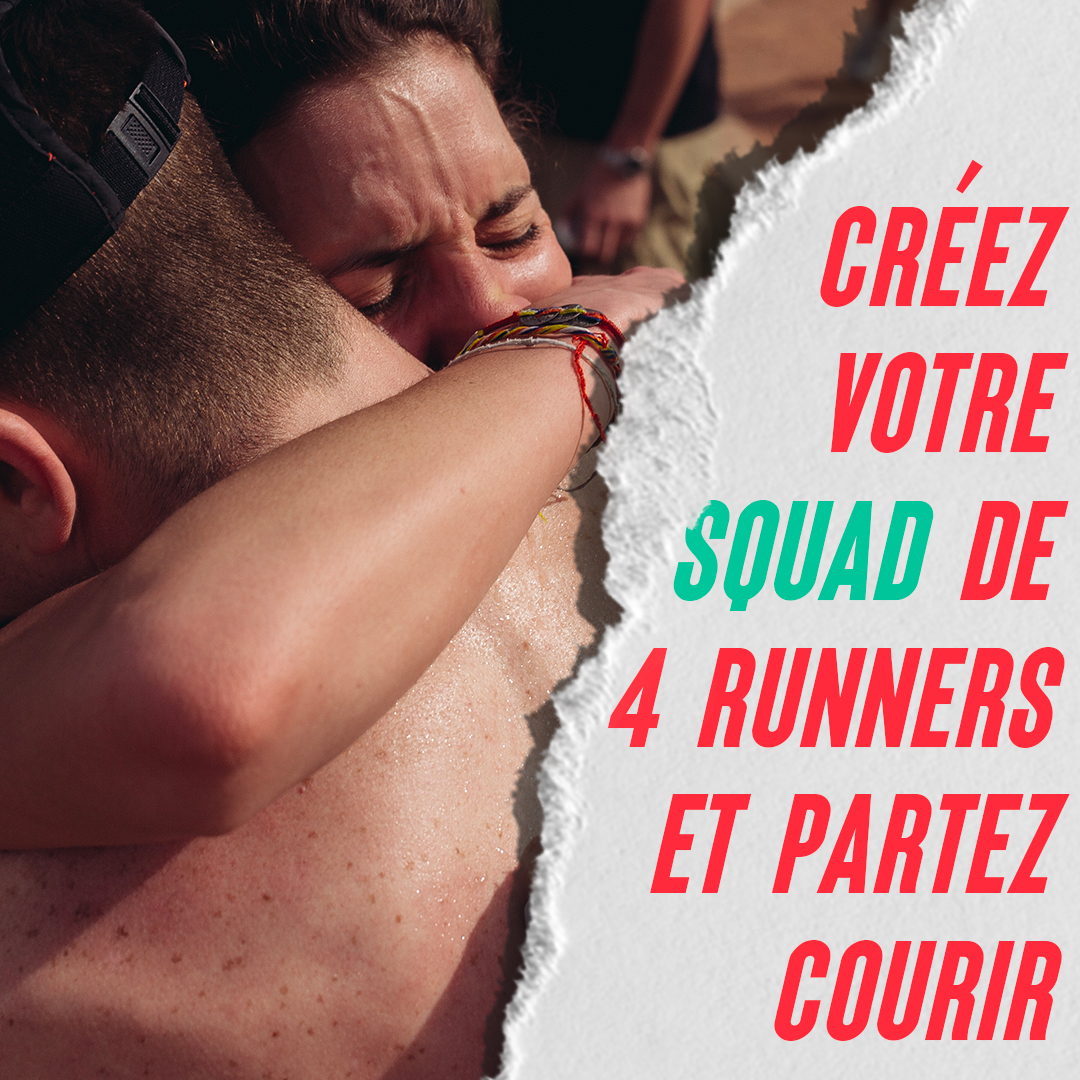 post instagram avec 2 personnes s'enlaçant et sur la droite dans une déchirure "créez votre squad de 4 runners et partez courir"