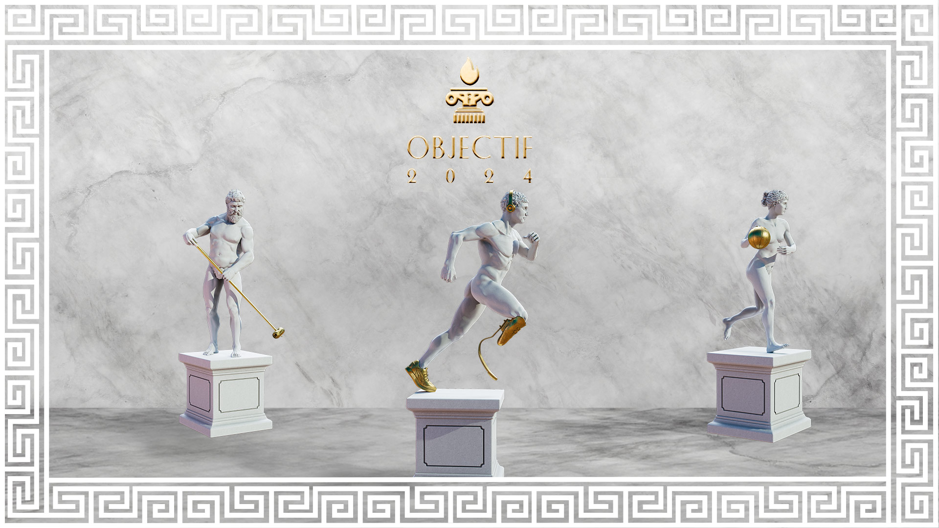 Visuel objectif 2024 avec frise grec blanche autour, 3 statues grec en pierre avec elements dorée, une femme avec un ballon de basket en or, un homme courant avec une basket et une prothèse de jambe dorée et un homme ramassant une canette dorée