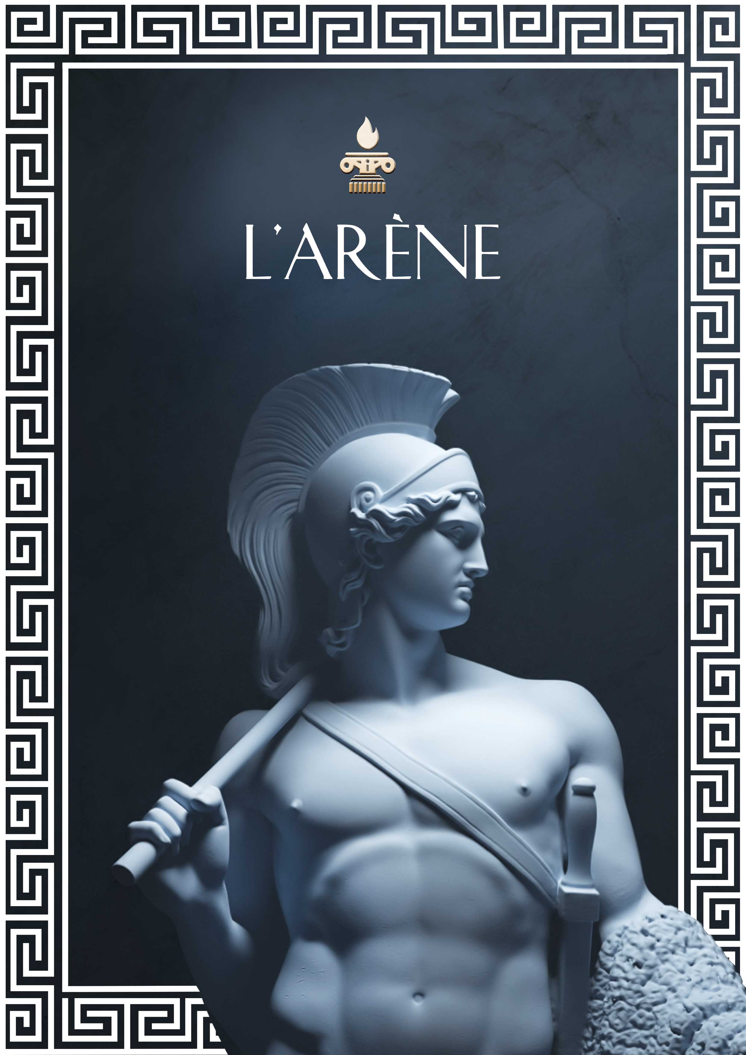 Visuel objectif 2024 avec frise grec blanche autour, une statue de guerrier grecque en pierre 