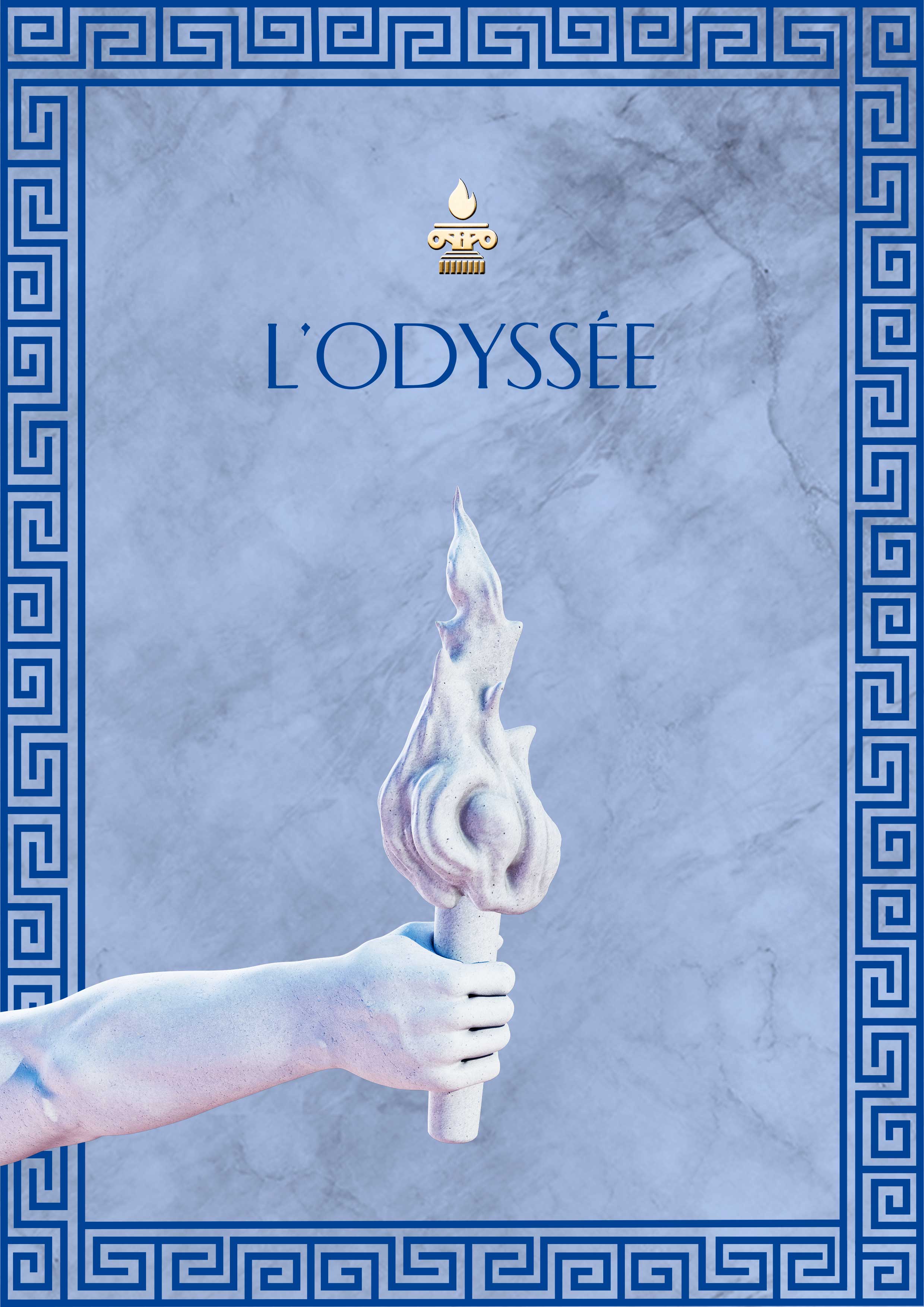 Visuel objectif 2024 avec frise grec bleu autour, une statue de bras tenant un flambeau