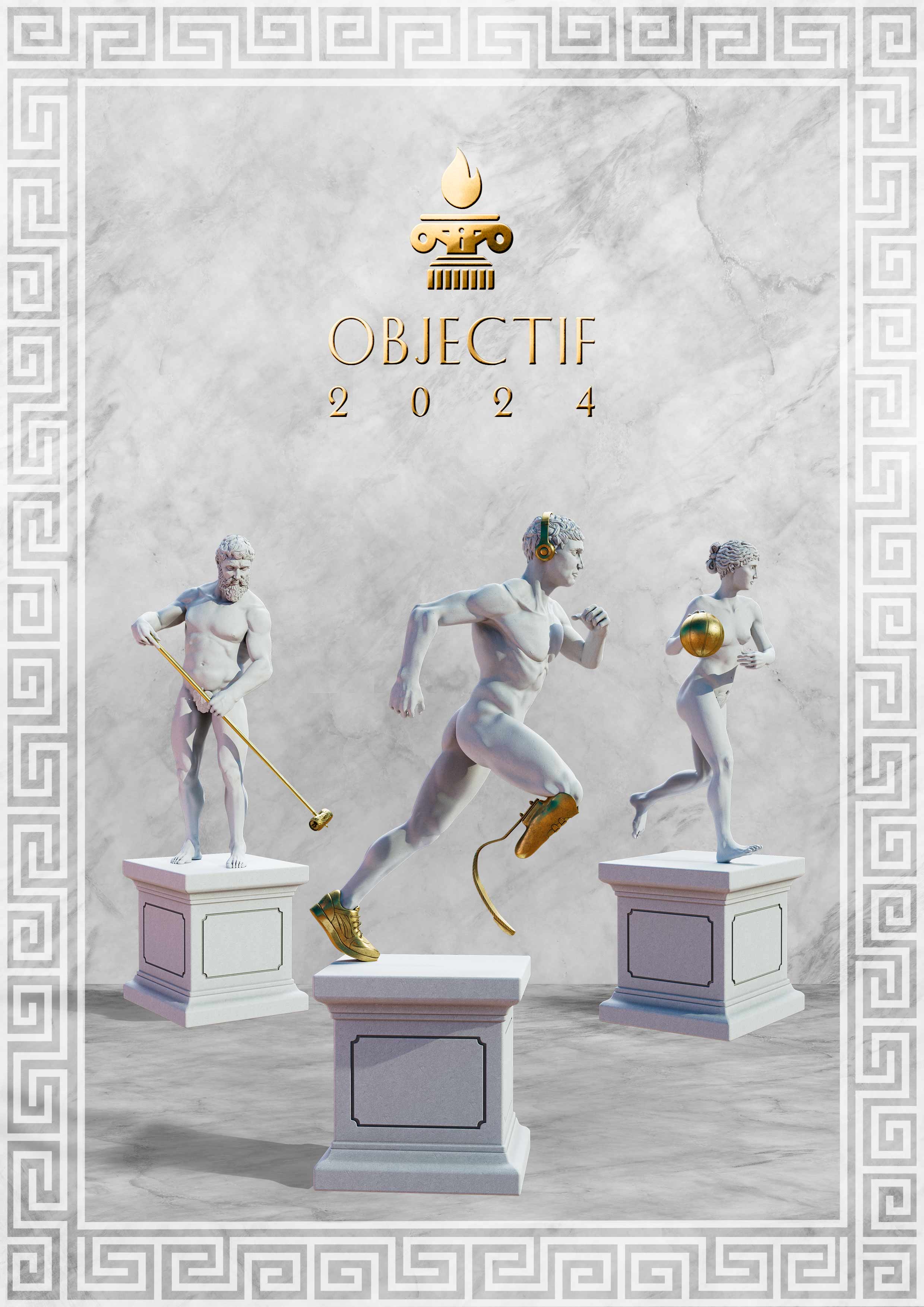 Visuel objectif 2024 avec frise grec blanche autour, 3 statues grec en pierre avec elements dorée, une femme avec un ballon de basket en or, un homme courant avec une basket et une prothèse de jambe dorée et un homme ramassant une canette dorée