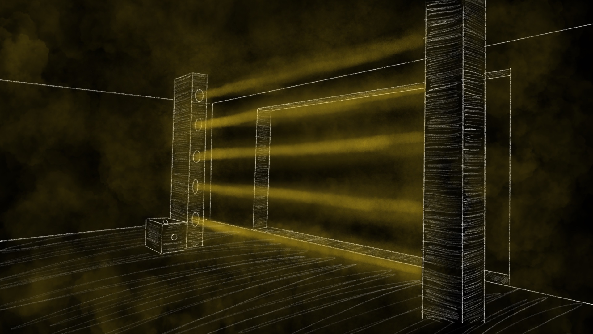 Entrée dans la salle à travers des faisceaux de lumière