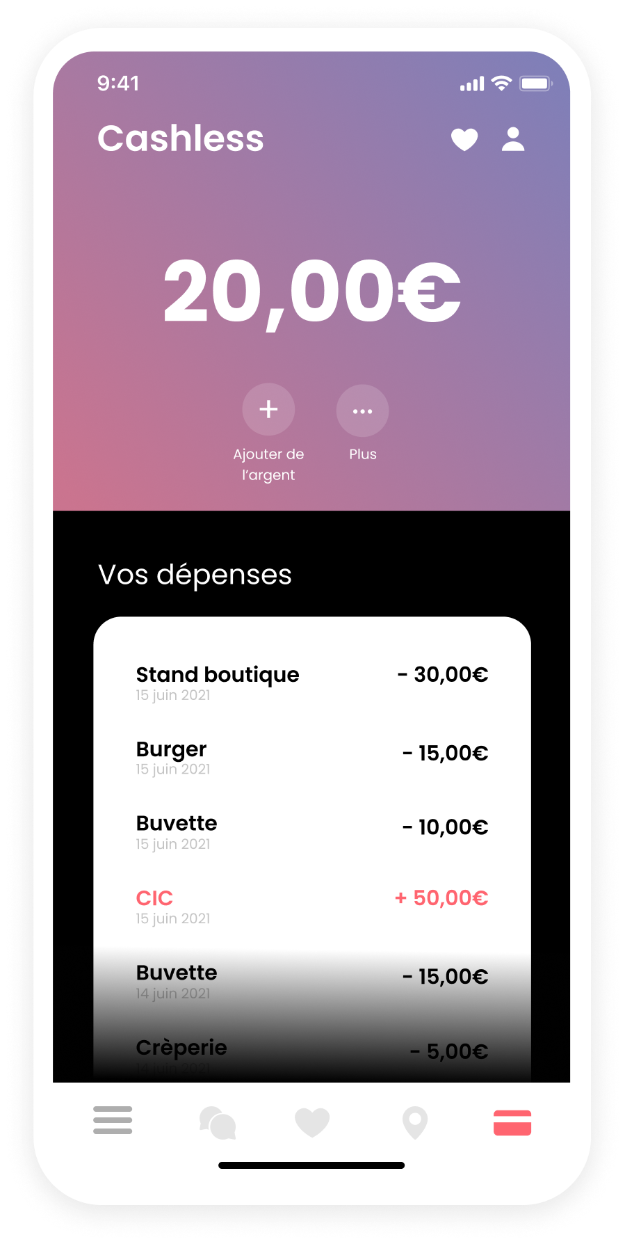 page cashless de l'application