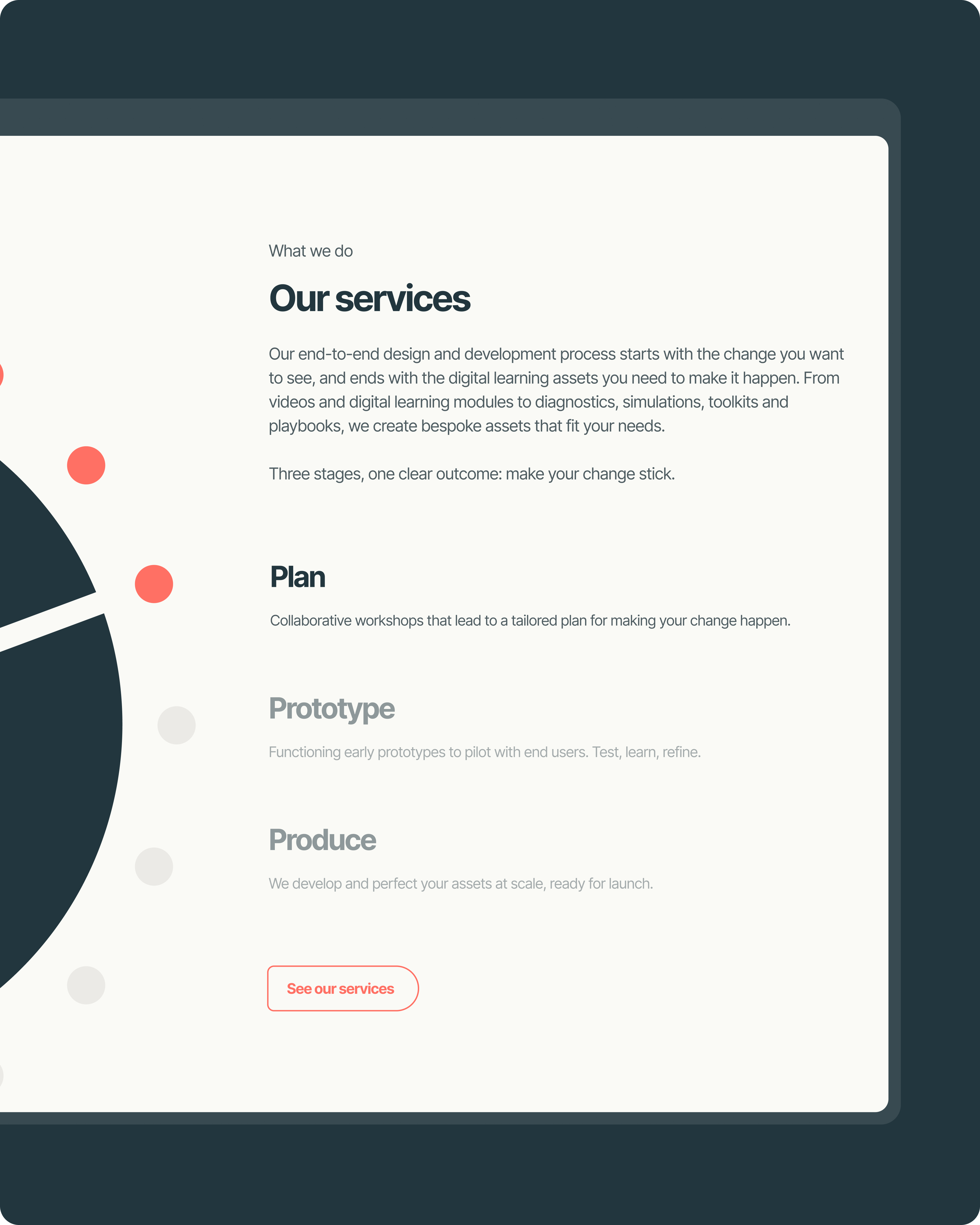 Services section designed for Lima Delta: plan, prototype and produce