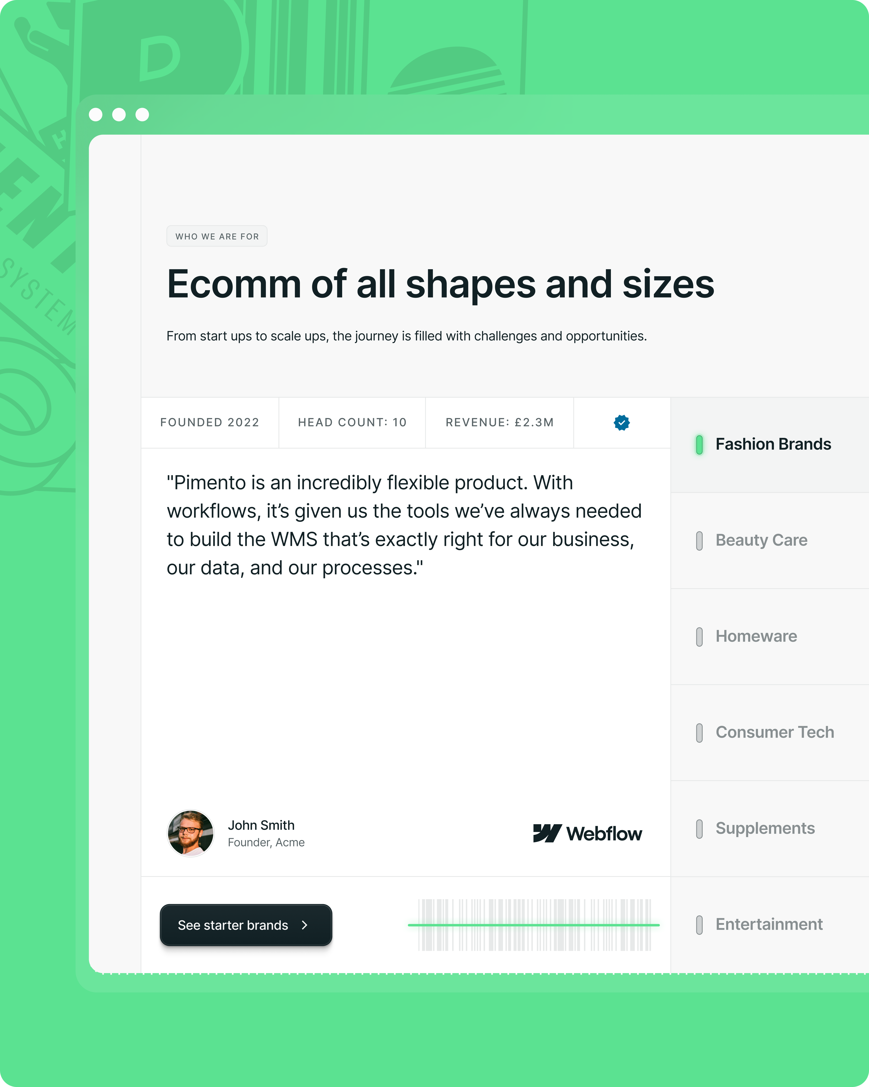 Testimonials section designed for Pimento: "Ecomm of all shapes and sizes"
