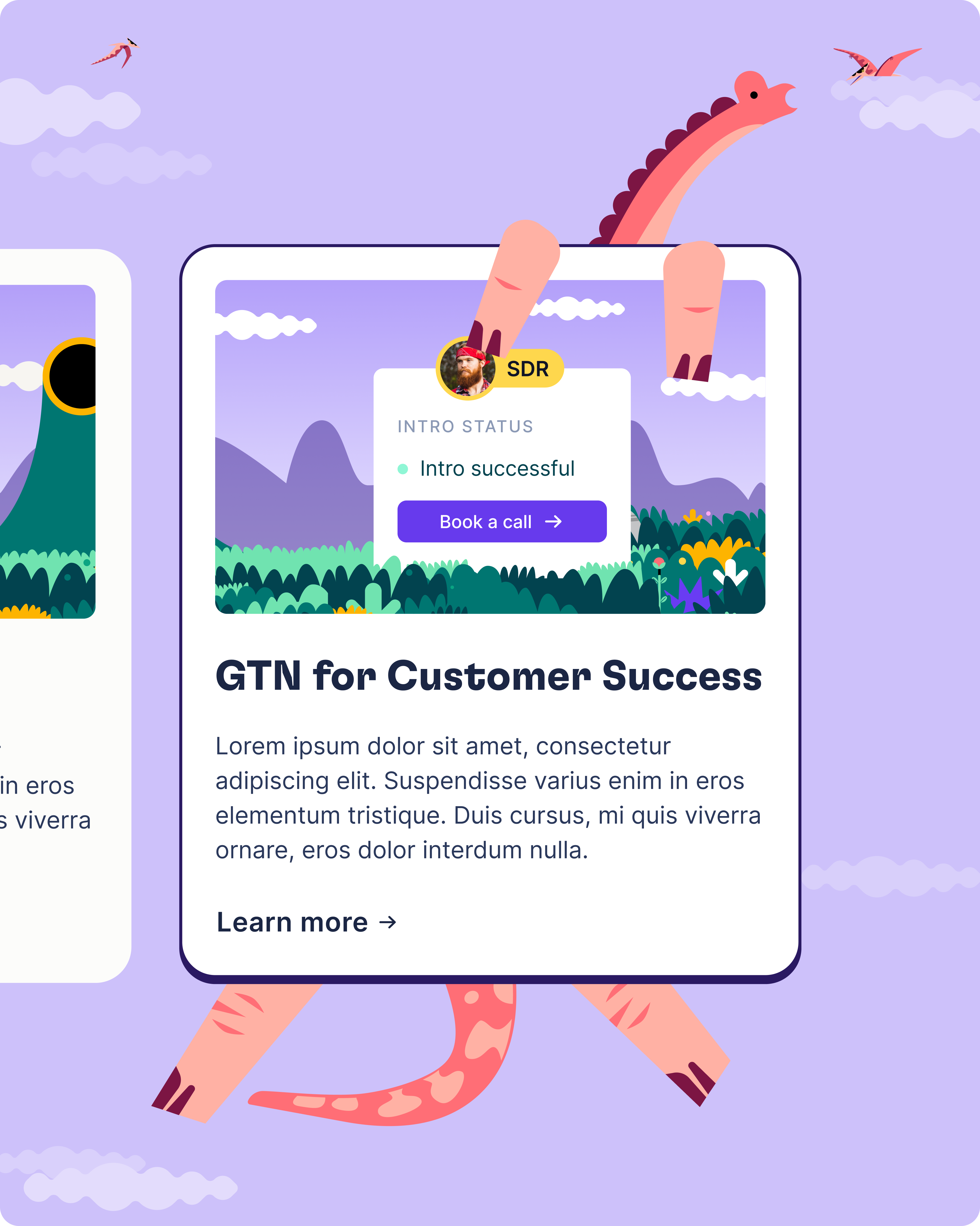 Animated card designed for Commsor: "GTN for Customer Success" with a dinosaur illustration