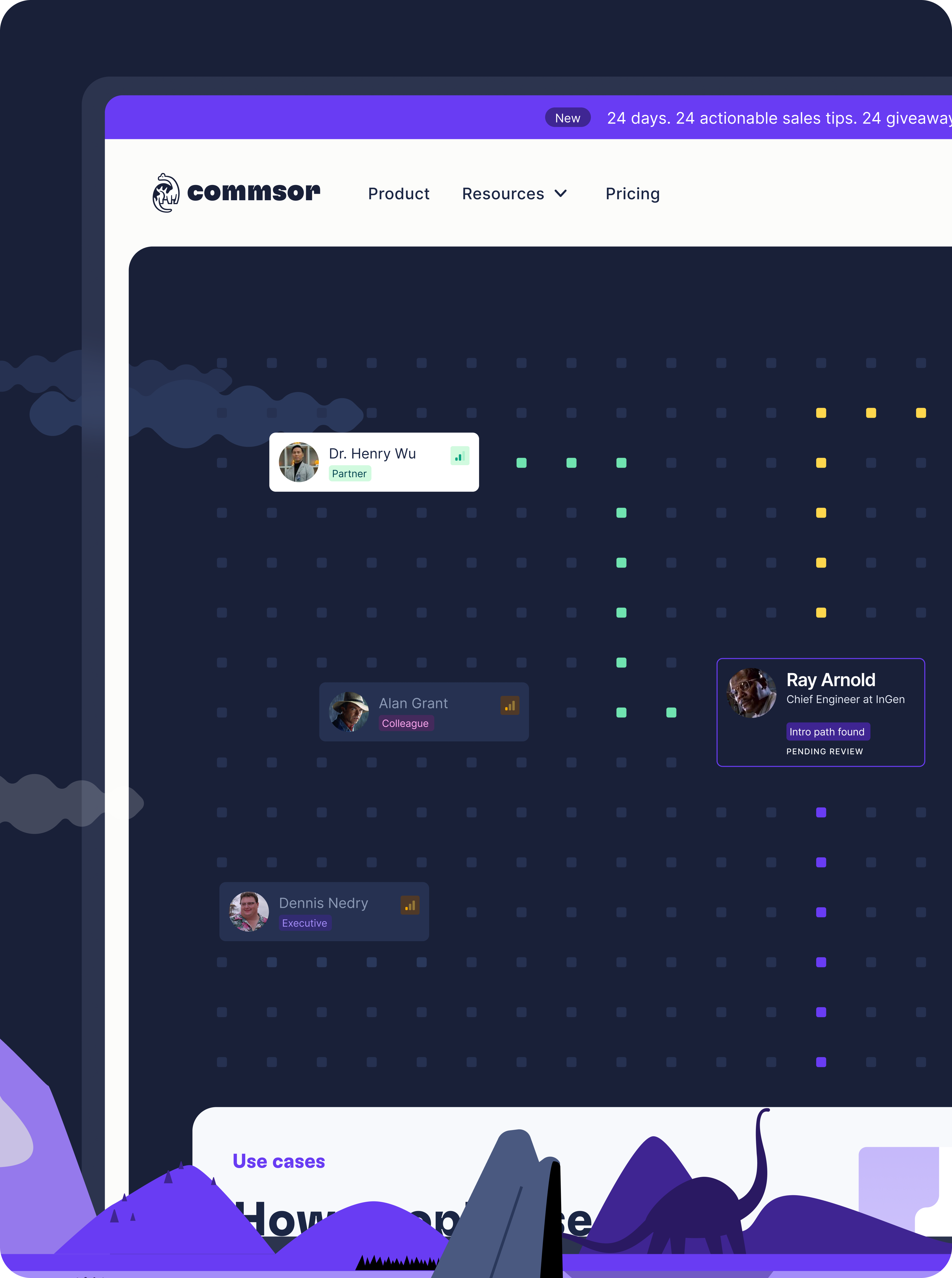Workflow section designed for Commsor showing a contact network map