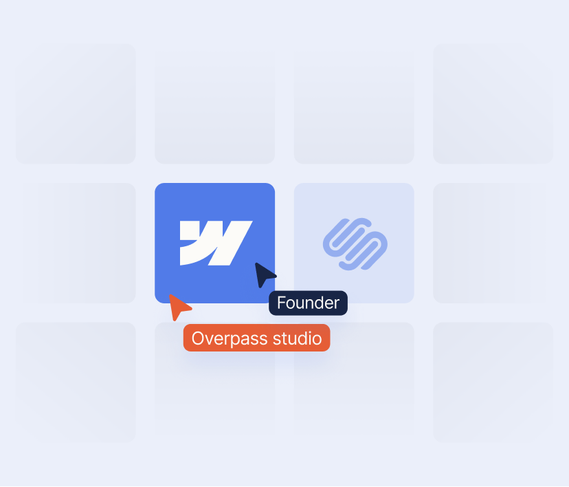 Webflow and Squarespace logos side by side with founder and Overpass Studio cursors