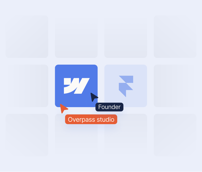 Webflow and Framer logos side by side with founder and Overpass Studio cursors