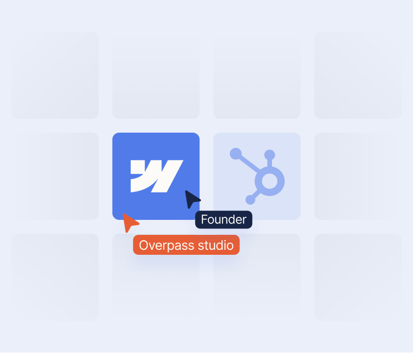 Webflow and HubSpot logos side by side with founder and Overpass Studio cursors