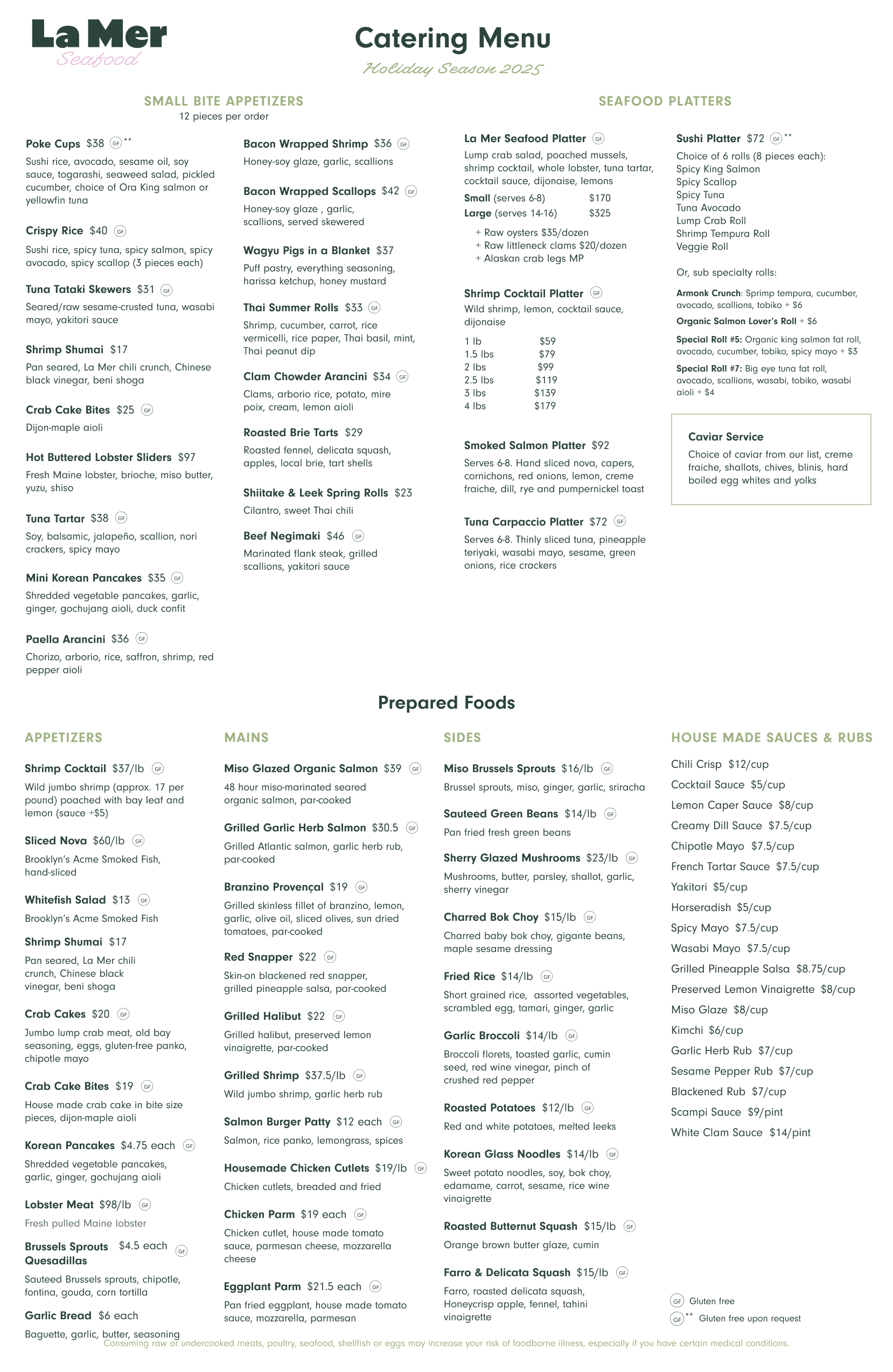 La Mer Seafood's holiday season catering menu