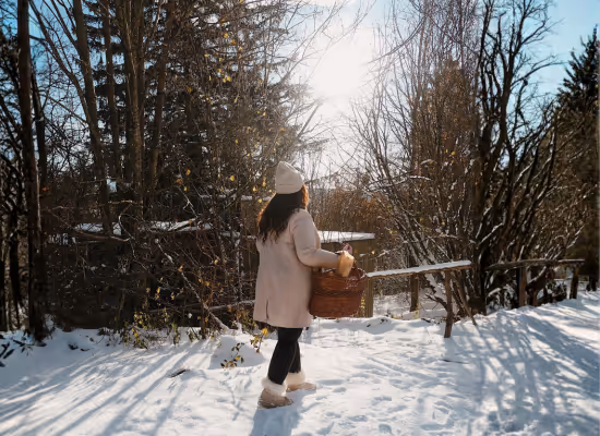 A Nutchel guest travelling solo is going back to her cabin in the woods in winter