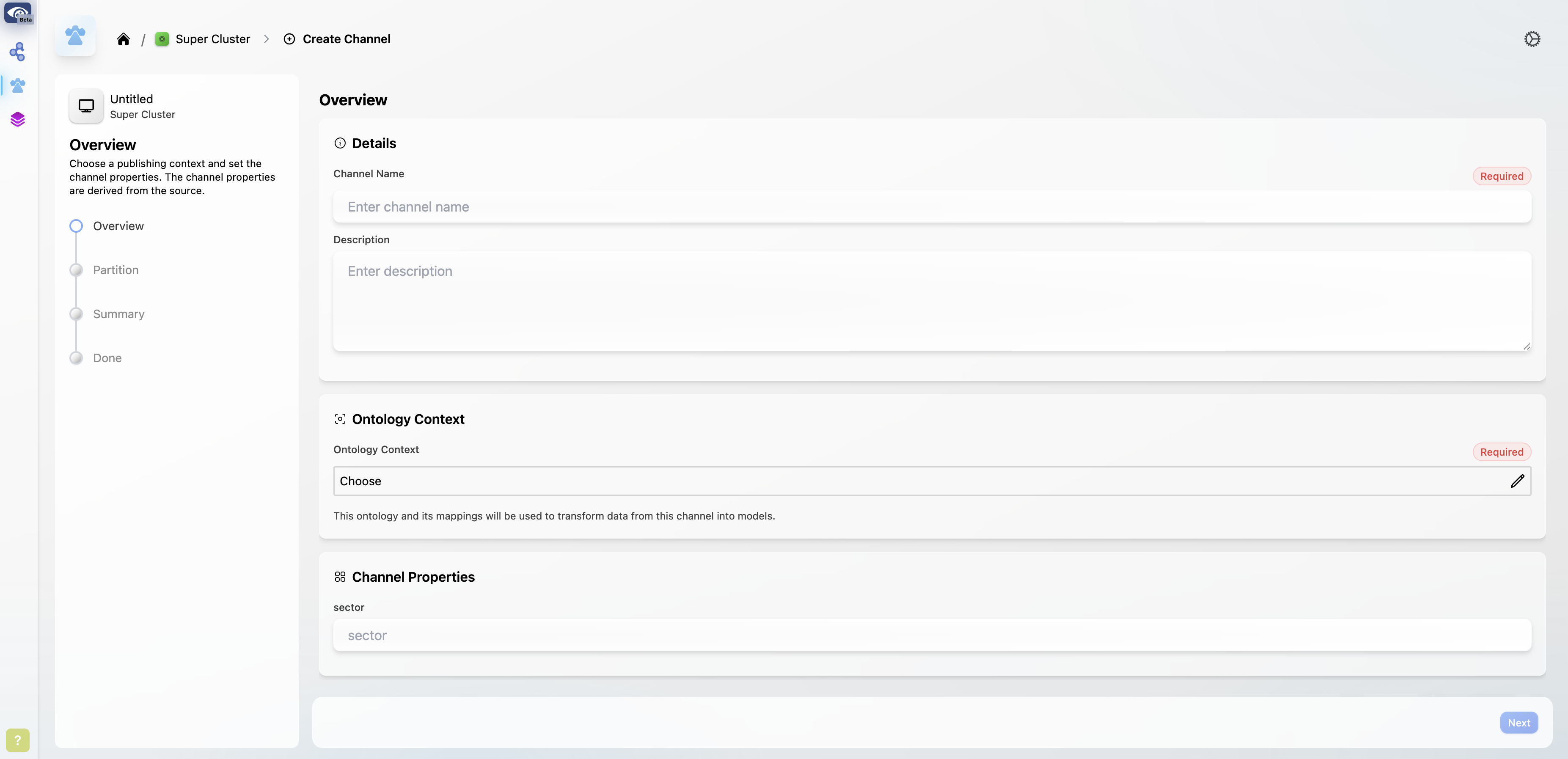 Screenshot of SBE Vision users interface. Tabs at the top of this window include, Data Source, Attached to Digital Thread (selected), and View Channel. The selected window shows configuration tools for the selected partitions, the selected branch, as well as a channel manager option.