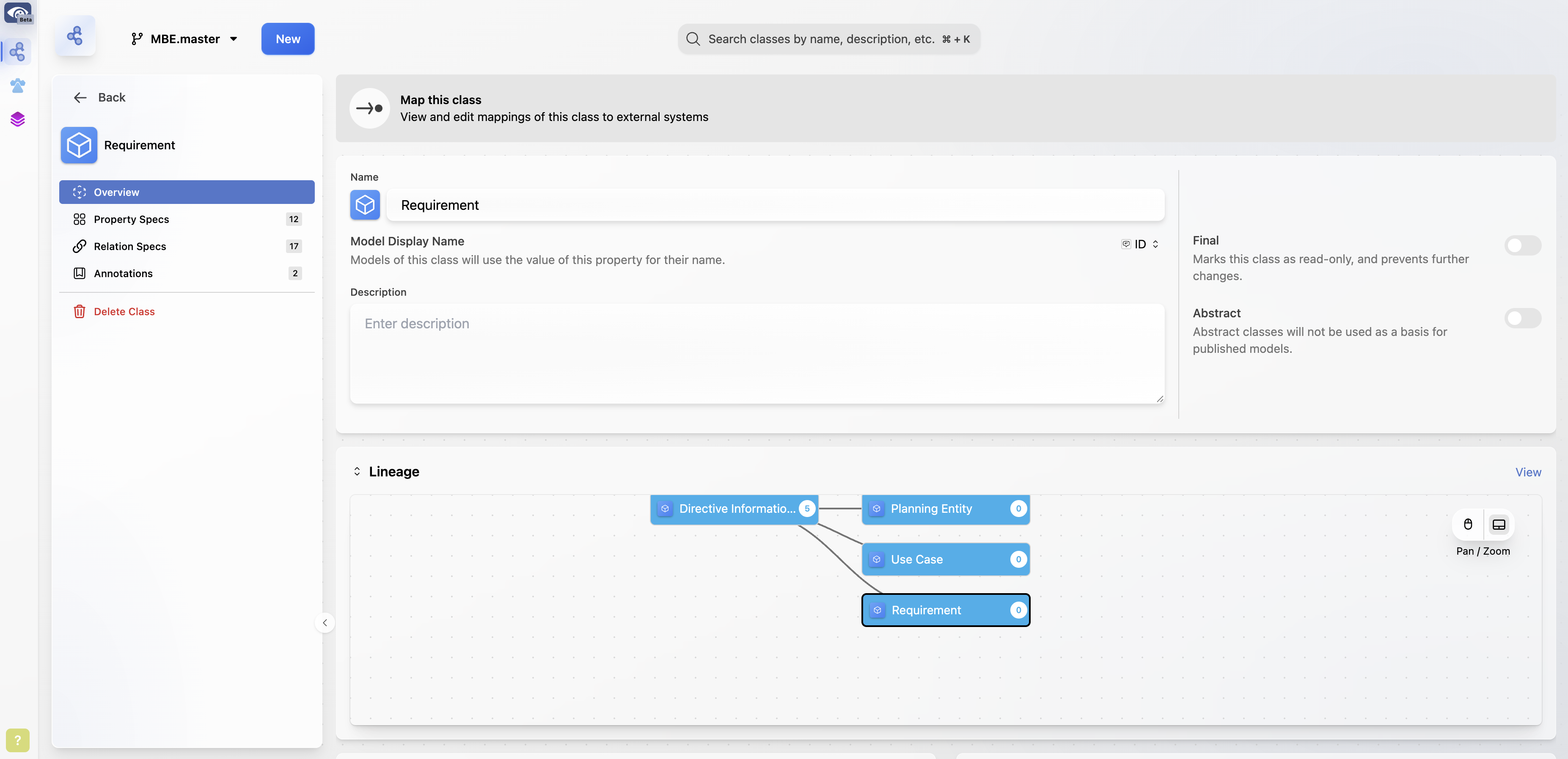 Screenshot of SBE Vision users interface showing a more detailed version of the circular ontological view: One large circle with 6 large circles inside, with smaller circles inside them.