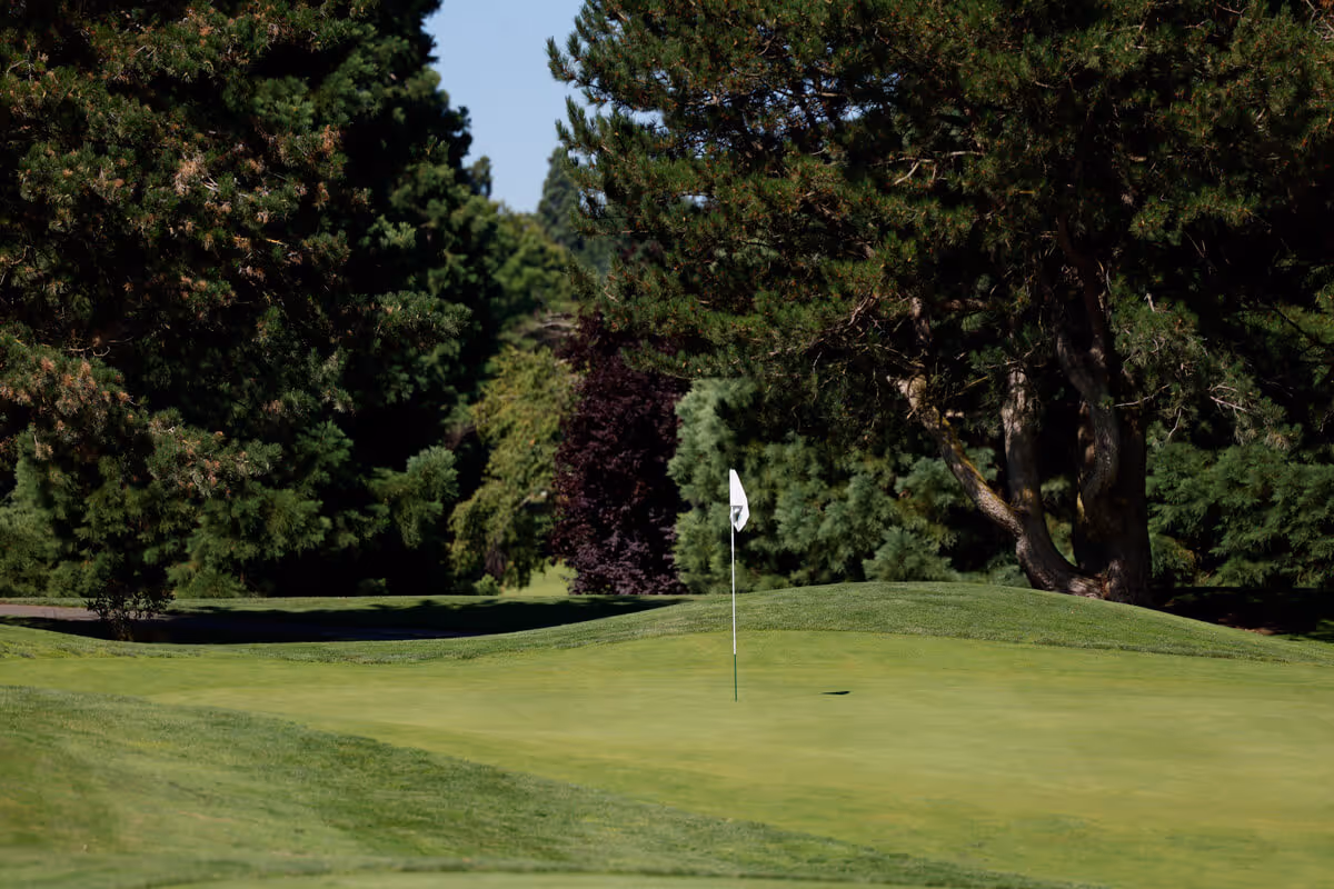 White pin flag marks a hole on the Mason Course