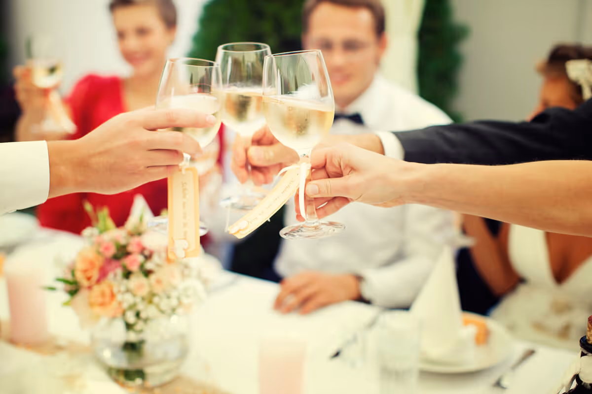 Guests clink wine glasses at an elegant dinner event