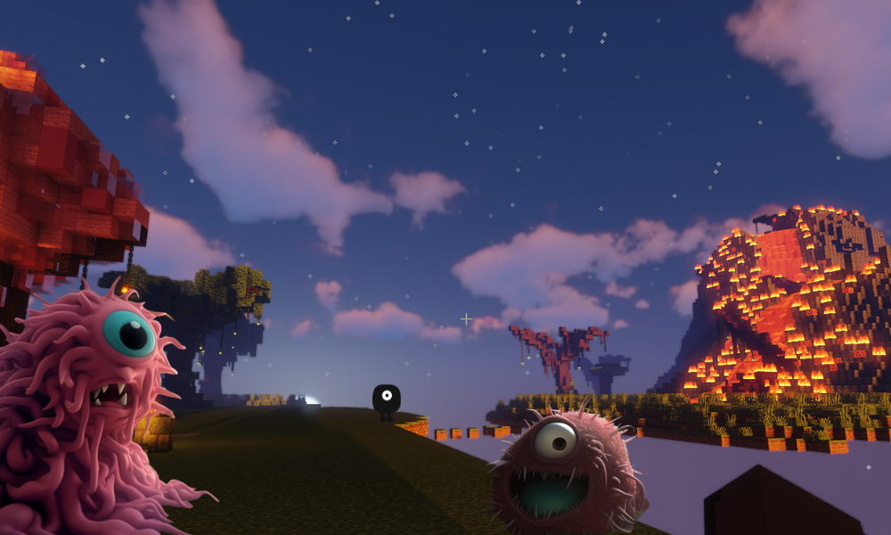 Survivors lesson members gather around a virtual campfire in Minecraft's Survival mode.