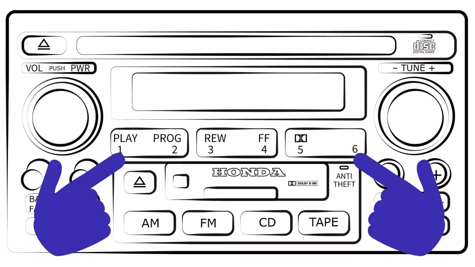 Pressing buttons 1 and 6 simultaneously on a locked Honda radio to get the serial number