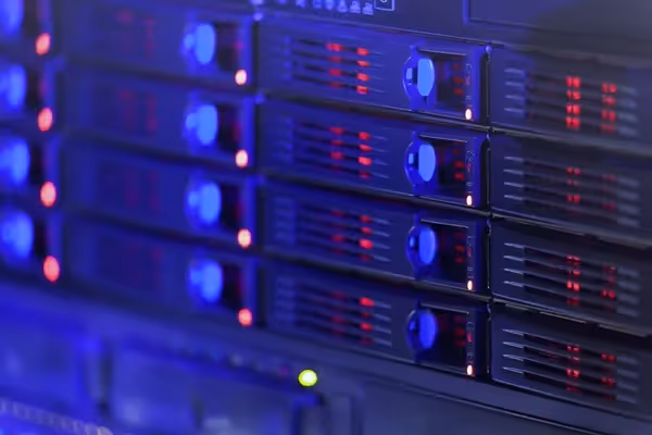 Close up of a server stack with switches.