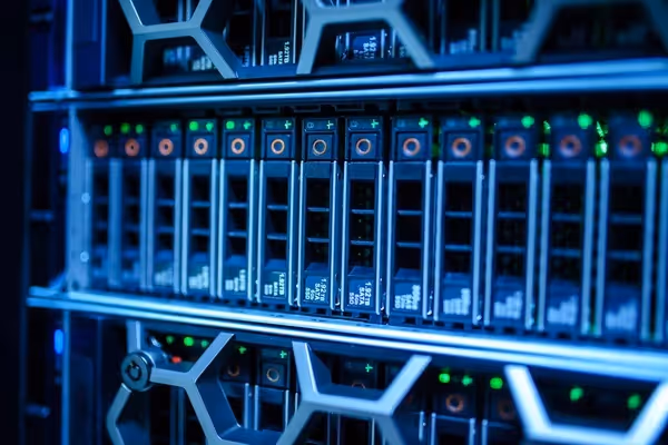 Close up of a server stack with open ports