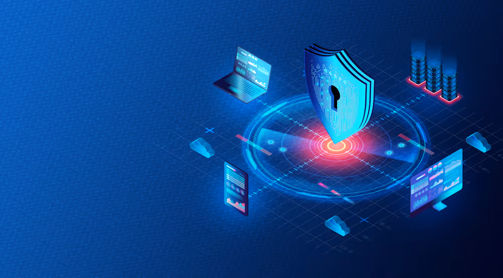 Icons denoting conception of cybersecurity across devices.