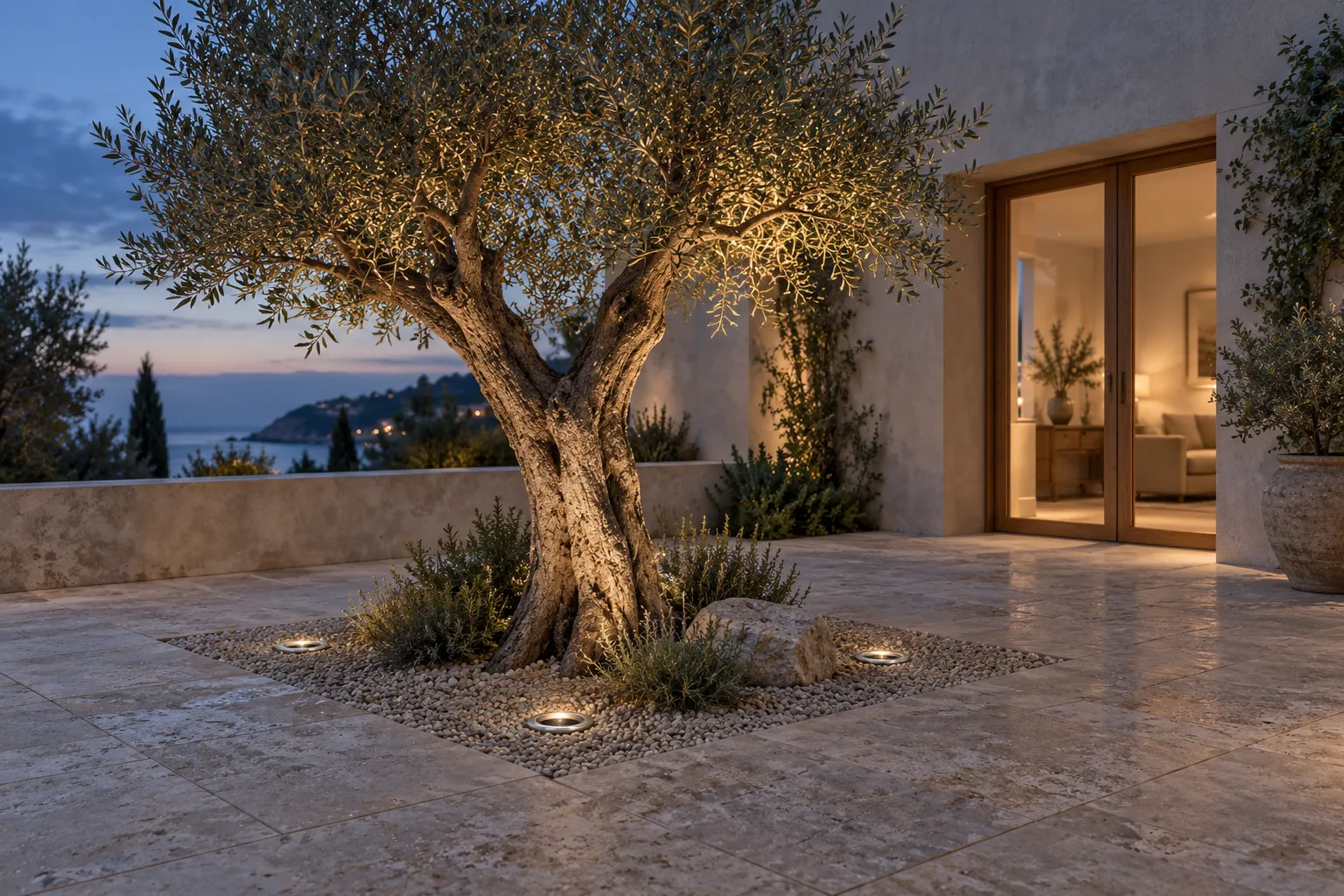 IN-LUX — Olive courtyard. Illustrative architectural lighting rendering.