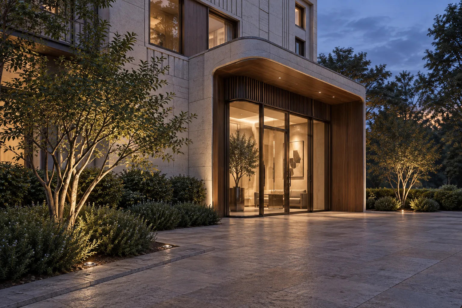 IN-LUX — Garden arrival. Illustrative architectural lighting rendering.