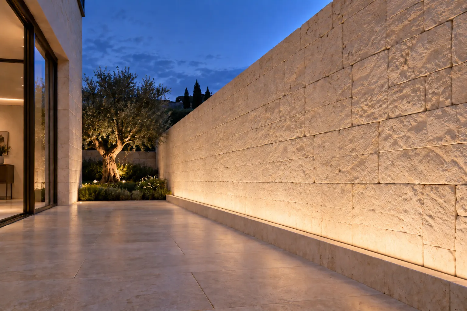 LineaPro Mini — Limestone garden wall. Illustrative architectural lighting rendering.