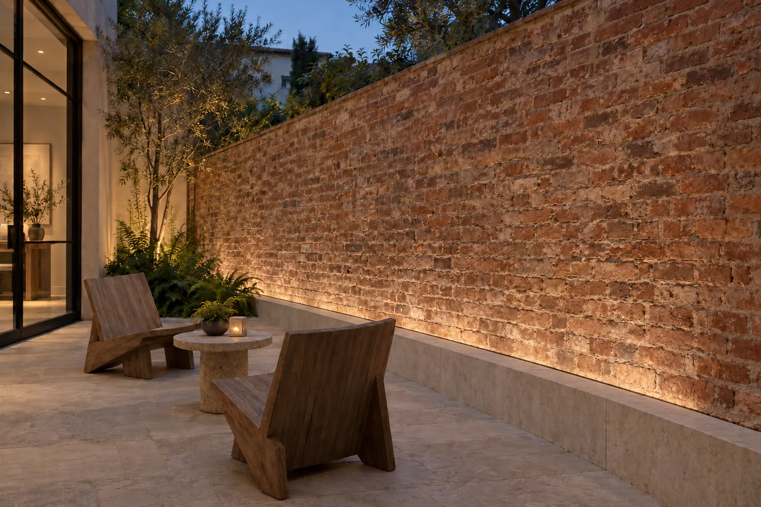 LineaPro Mini — Quiet brick courtyard. Illustrative architectural lighting rendering.