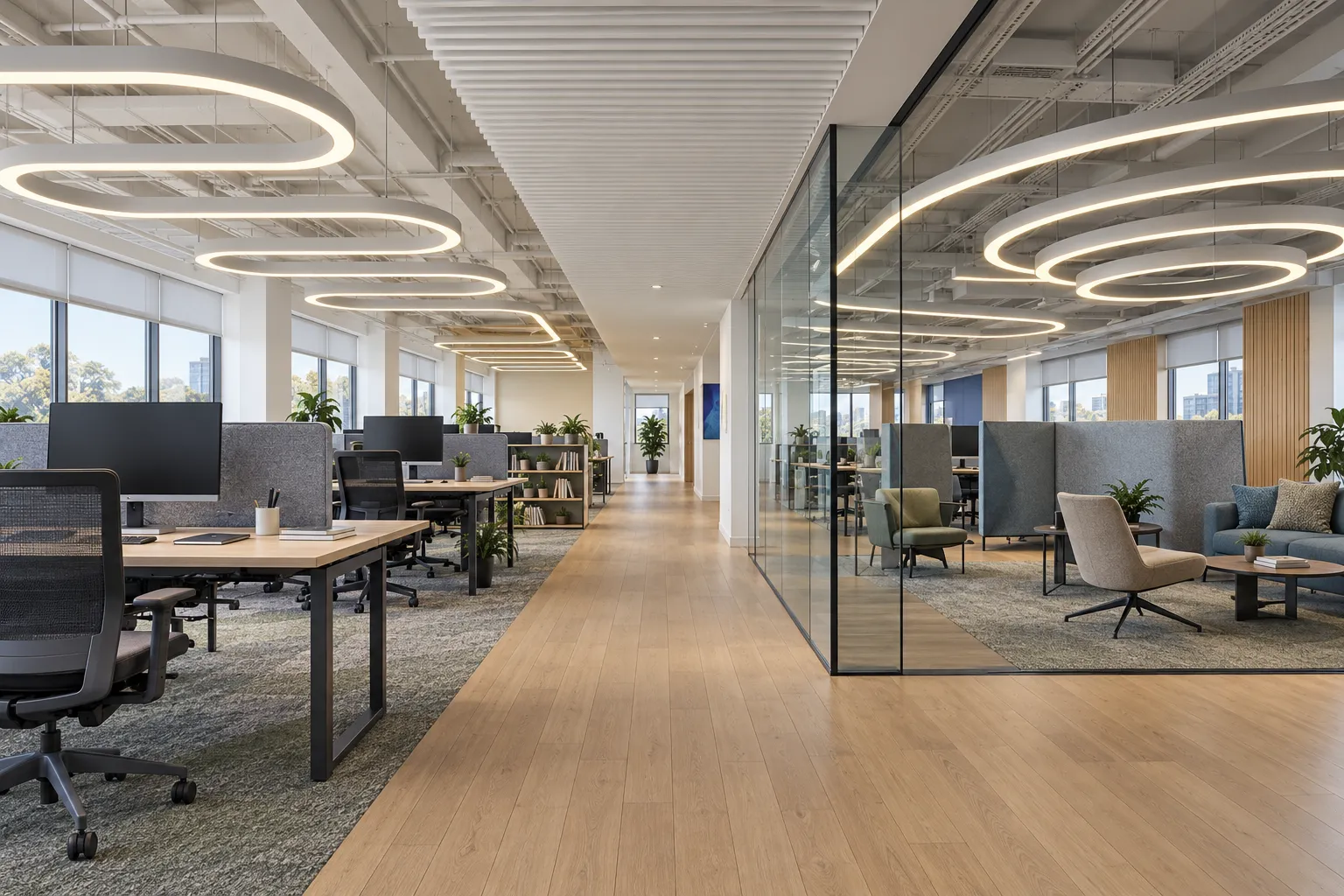 S~08 — Workplace overview with curved profiles and rings. Illustrative architectural lighting rendering.