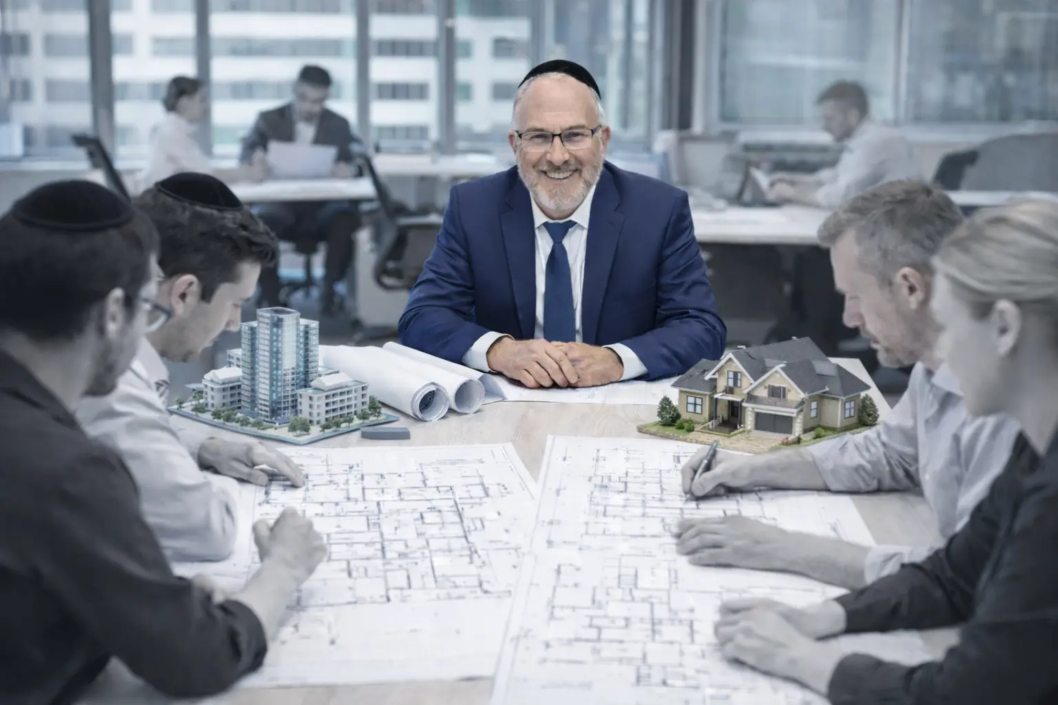 Modern two-story building with wood and brick facade surrounded by trees, parked cars in front, and clear blue sky.