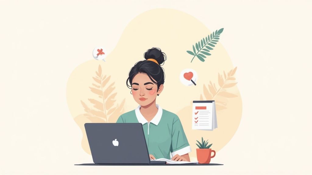 Illustration of a young woman diligently studying or working on a laptop, surrounded by serene elements.