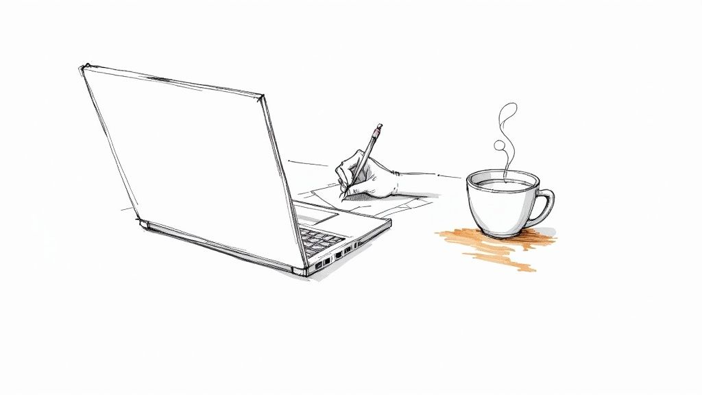 Hand-drawn sketch of a workspace with a laptop, a hand writing, and a steaming coffee cup.