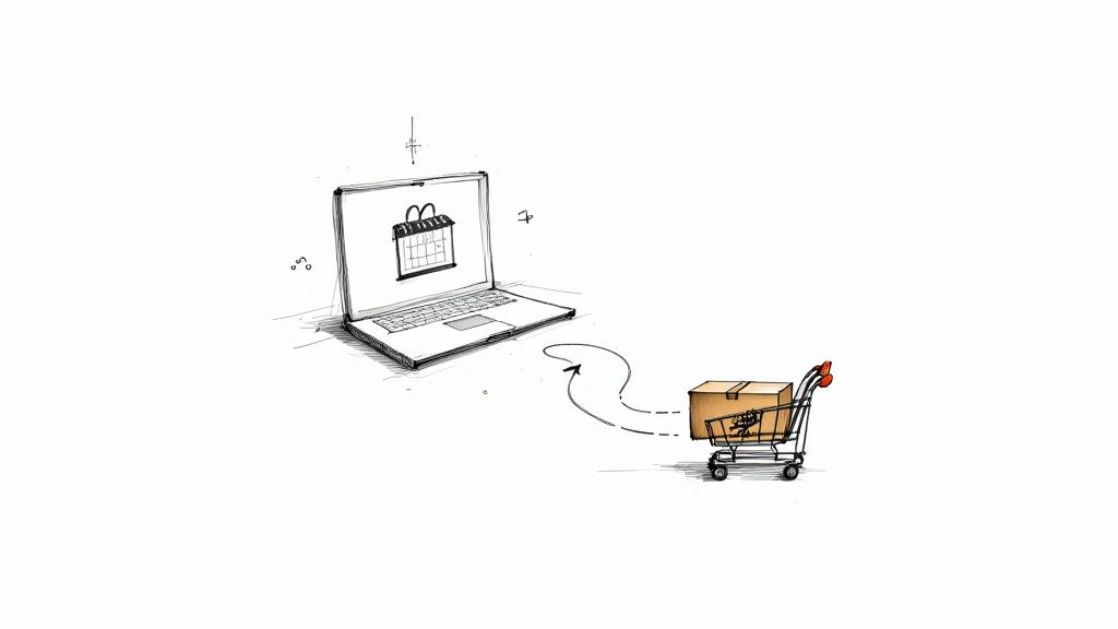 A hand-drawn sketch depicting a laptop with a calendar icon and a shopping cart with a package, symbolizing online ordering.
