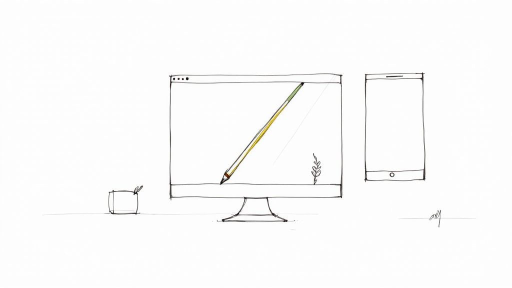 A minimalist sketch of a computer monitor with a tilted pencil, a smartphone, and a small plant.