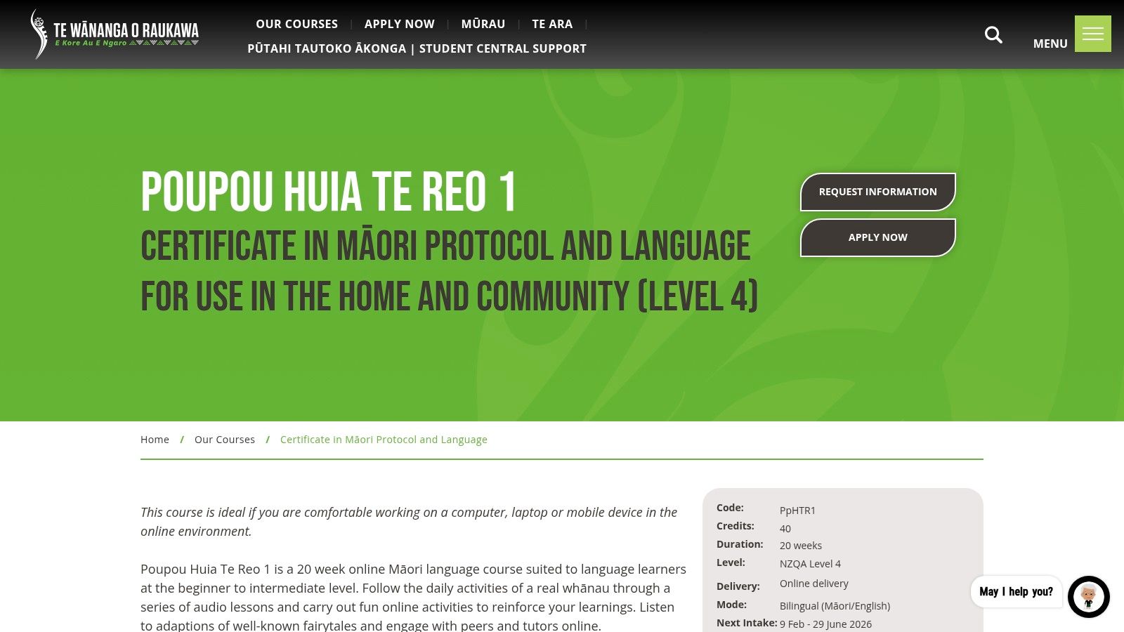 Te Wānanga o Raukawa – Poupou Huia Te Reo (Online)