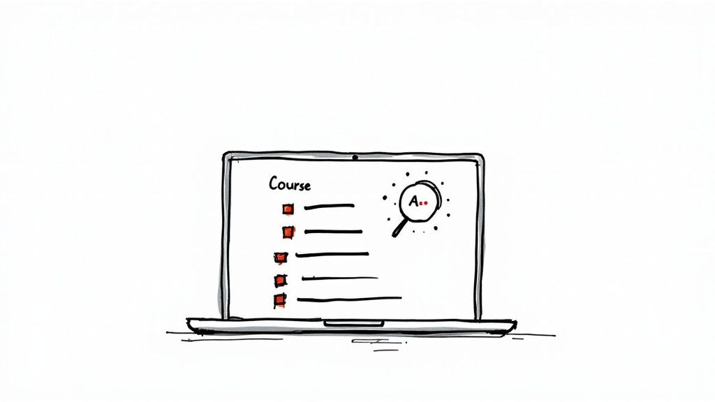A hand-drawn laptop displays an online course with a checklist and an evaluation search icon.