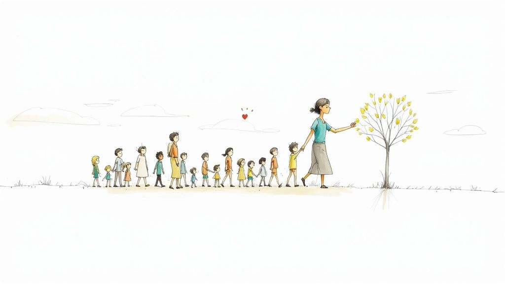 A diverse group of children and adults walking hand-in-hand, led by a woman touching a yellow-leafed tree.