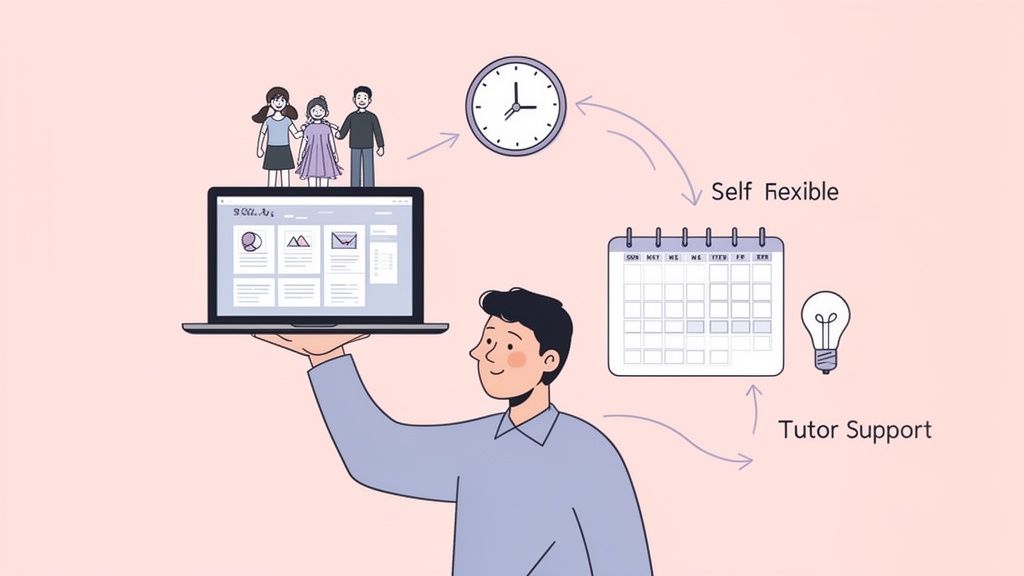 A man holds a laptop, with a family, clock, calendar, and lightbulb illustrating flexible online learning with tutor support.